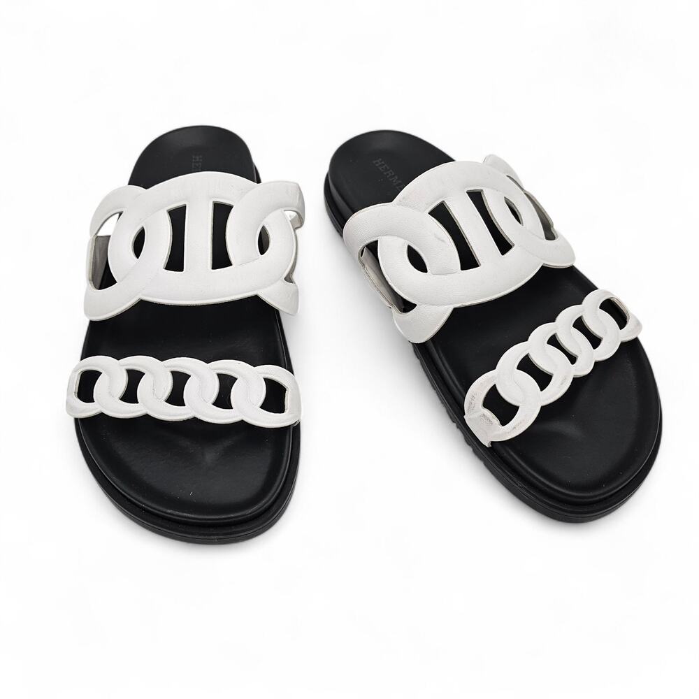 Hermes Extra Sandal Flat Slide Double Strap Black White Leather Size 38 US 8